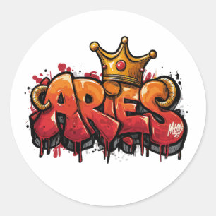 Bold Aries Zodiac Graffiti Airbrush with Crown Classic Round Sticker
