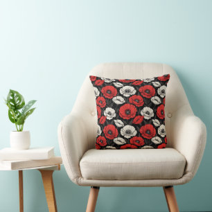 Bold Art Deco Poppies in Red and Black Throw Pillow