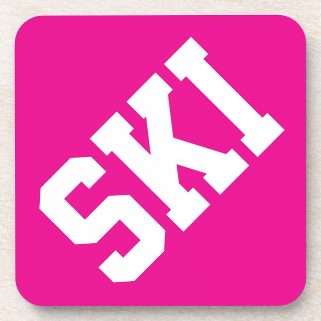 Bold Athletic Diagonal SKI White Text On Hot Pink Coaster (Front)