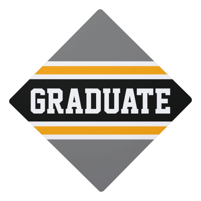 Bold Athletic GRADUATE Black Grey Yellow Stripes Graduation Cap Topper (Front)