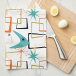 Bold Atomic Stars Boomerang Squares Mid Century Kitchen Towel<br><div class="desc">Add a pop of colour to your kitchen with this funky retro kitchen towel. The pattern features abstract squares,  starbursts,  and a boomerang in the colours of turquoise blue,  golden yellow,  orange,  cream,  and black. This will brighten up your kitchen decor!</div>