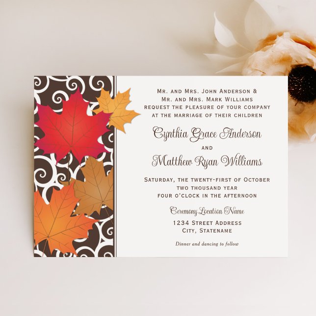 Bold Autumn Maple Leaf Scrollwork Wedding Invitation (Creator Uploaded)