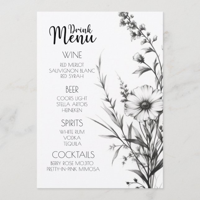 Bold B&W Wildflowers Drink Menu (Front)