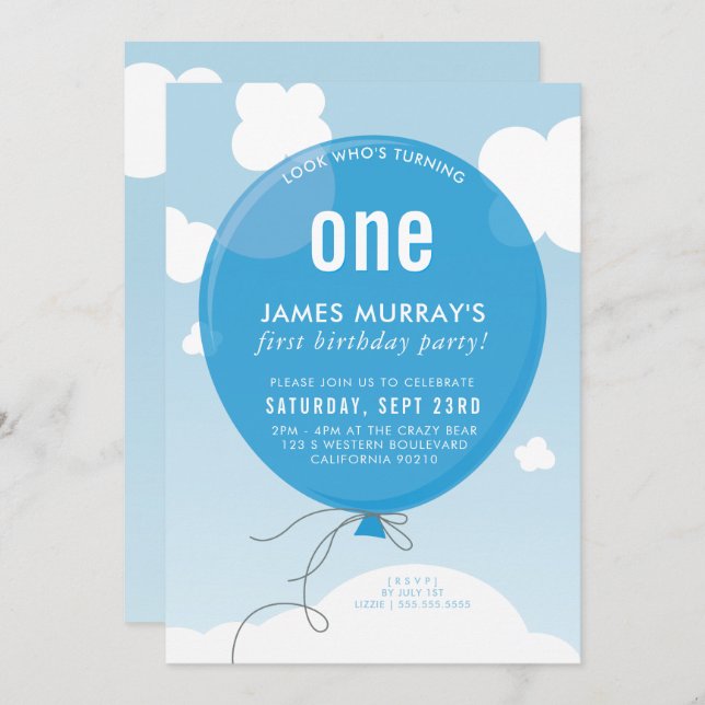 BOLD BALLOON birthday party invite blue sky (Front/Back)
