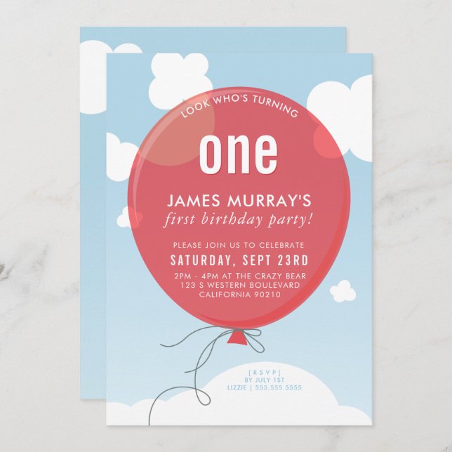 BOLD BALLOON fête d'anniversaire invitation bleu c (Devant / Derrière)