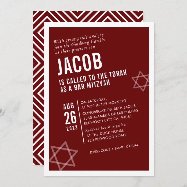 BOLD BAR MITZVAH simple modern angle maroon white Invitation (Front/Back)