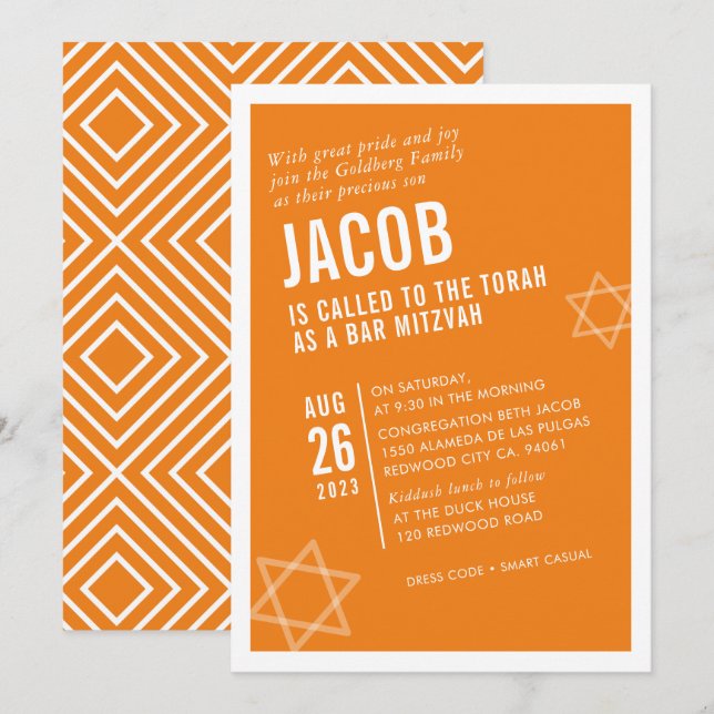 BOLD BAR MITZVAH simple modern angle orange white Invitation (Front/Back)