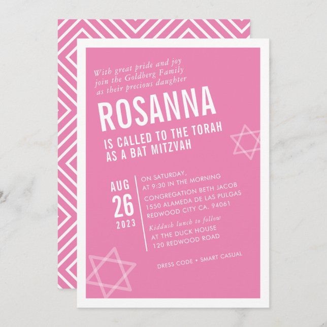 BOLD BAT MITZVAH simple modern angle pink white Invitation (Front/Back)