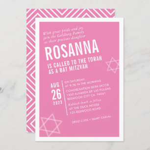 BOLD BAT MITZVAH simple modern angle pink white Invitation