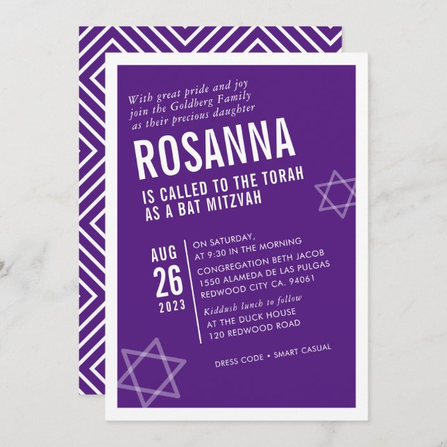 BOLD BAT MITZVAH simple modern angle purple white Invitation (Front/Back)