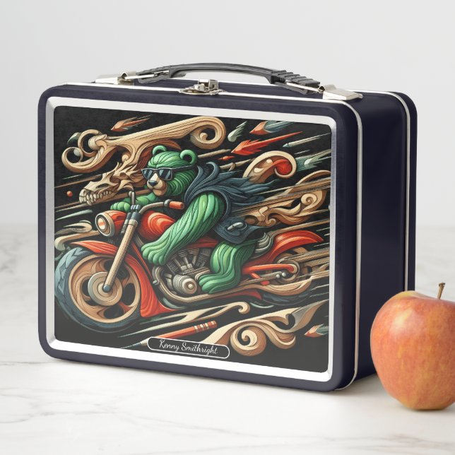 Bold Bear Rides a Motorcycle With Style Metal Lunch Box (In Situ)