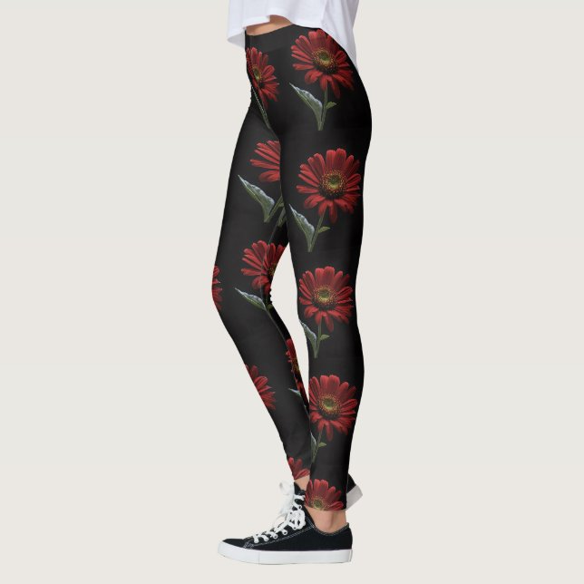 "Bold Beauty: A Single Red Daisy on Black" Leggings (Left)