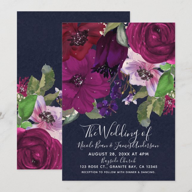 Bold Berry Fuchsia Floral Bouquet Chic Wedding Invitation (Front/Back)
