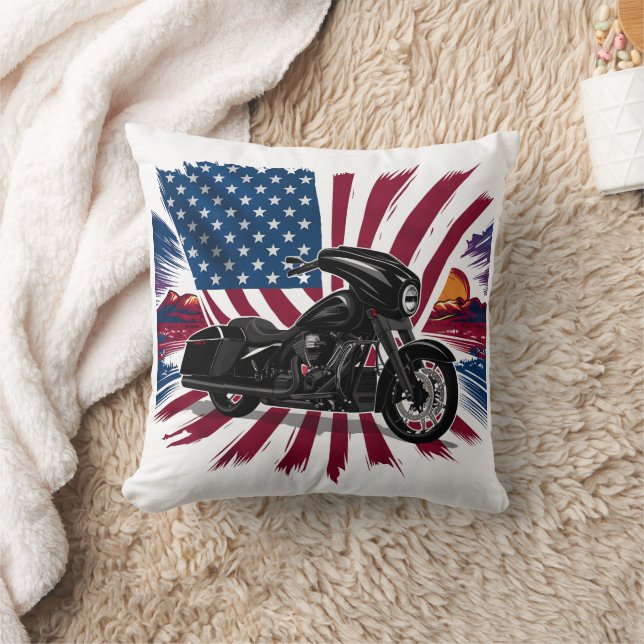 Bold bike with vibrant flag backdrop throw pillow (Blanket)