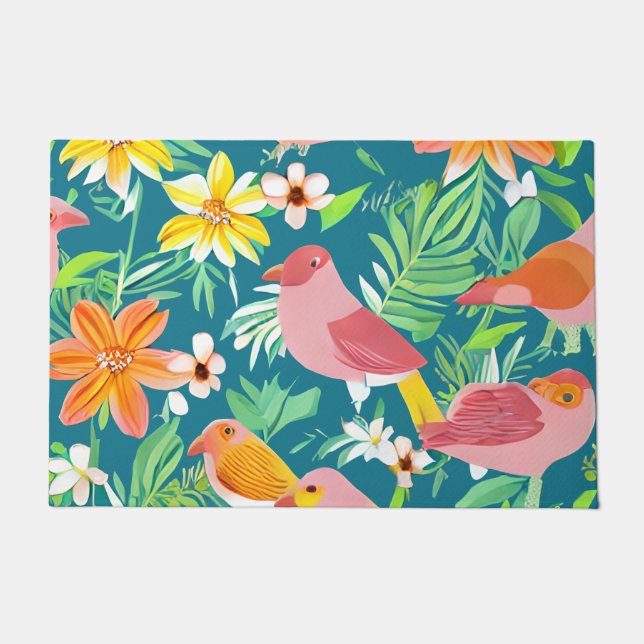 Bold Birds and Flower Pattern Doormat (Front)