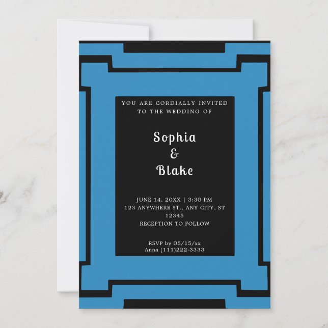 Bold Black and Blue Art Deco Wedding Invitation (Front)