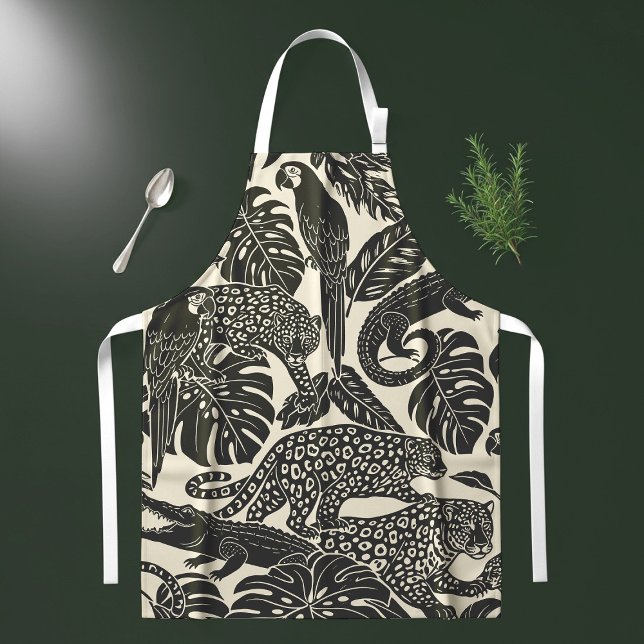Bold Black and Cream Tropical Jungle Animals  Apron (Creator Uploaded)
