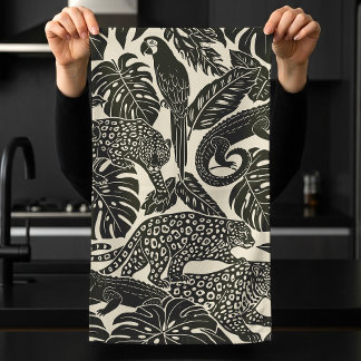 Bold Black and Cream Tropical Jungle Animals  Kitchen Towel