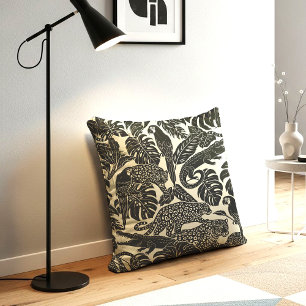 Bold Black and Cream Tropical Jungle Animals Throw Pillow