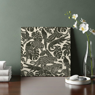 Bold Black and Cream Tropical Jungle Animals Tile