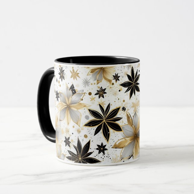 Bold Black and Gold Abstract Floral Mug (Front Left)