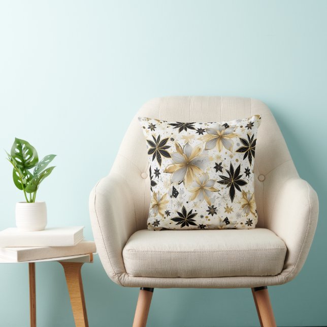 Bold Black and Gold Abstract Floral Throw Pillow (Chair)