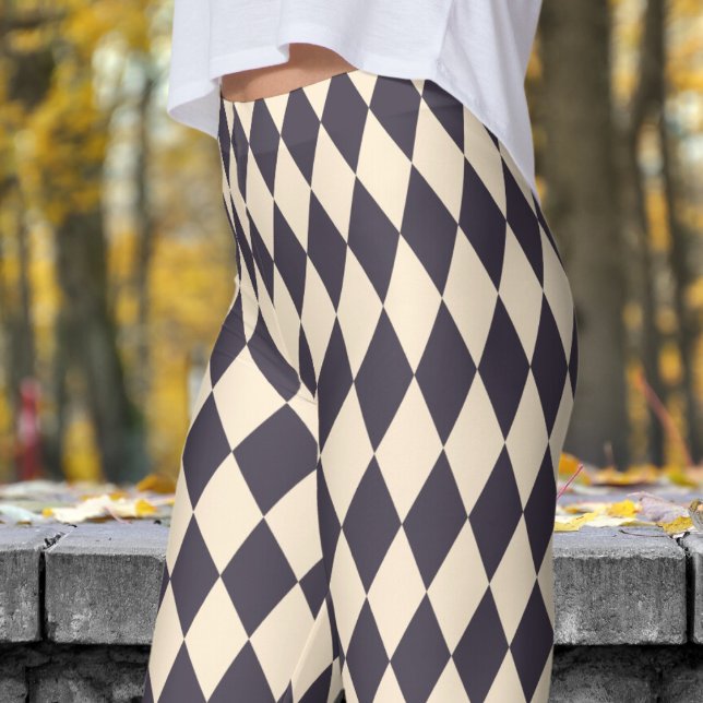 Bold Black and Papaya Harlequin Check Pattern Leggings (Harlequin Black & Papaya)