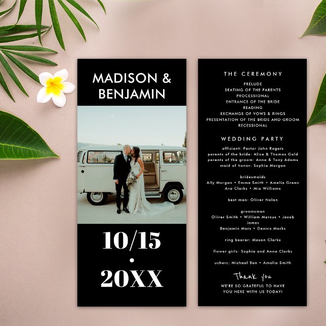 Bold Black and White 1 Photo Minimalist Wedding Program (Front / Back)