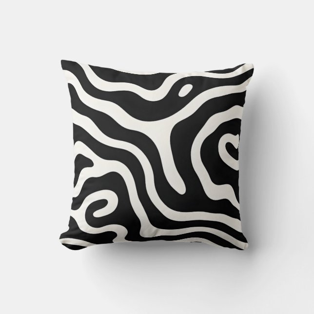 Bold Black and White Abstract Wave Throw Pillow (Front)