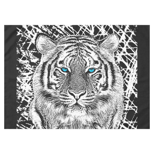 Bold Black And White Blue Eyes Tiger Tablecloth (Front (Horizontal))