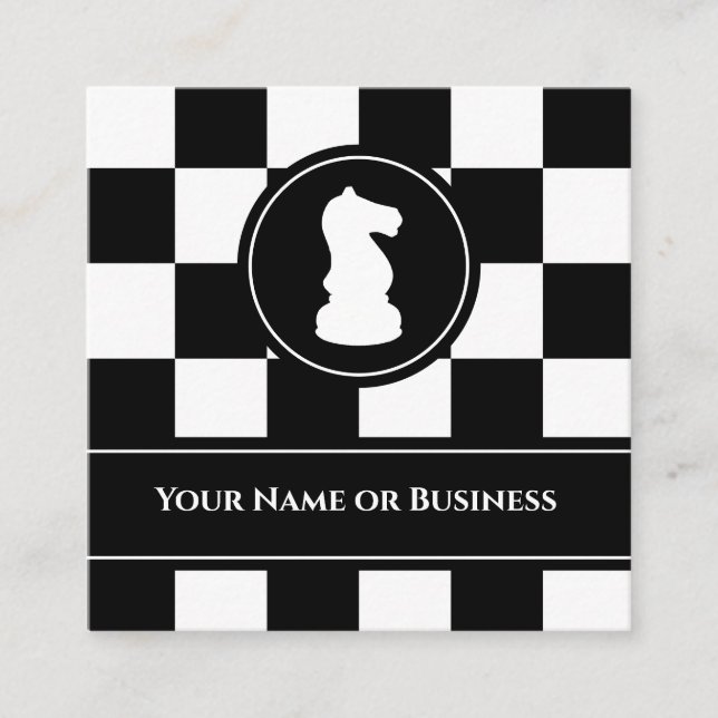 Bold Black and White Chessboard Chess Knight Square Business Card (Front)
