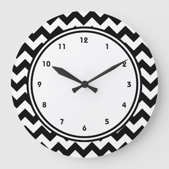 Bold Black and White Chevron Zigzag Large Clock (Front)