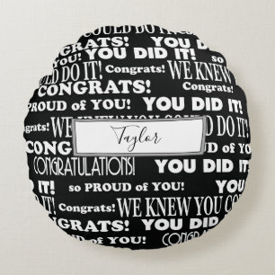 Bold Black and White Grad Word Collage Round Pillow
