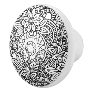 Bold Black and White Graphic Design Floral Ceramic Knob