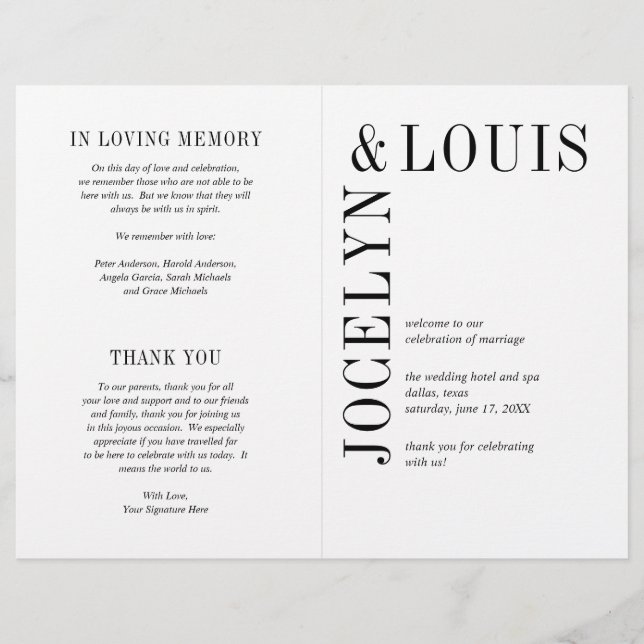 Bold Black and White Modern Wedding Program (Front)