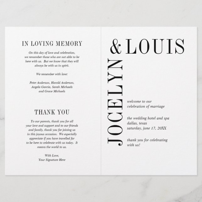 Bold Black and White Modern Wedding Program (Front)