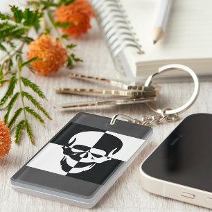 Bold Black and White Optical Illusion Skull Design Keychain