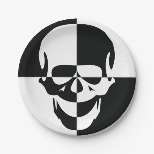 Bold Black and White Optical Illusion Skull Design Paper Plate
