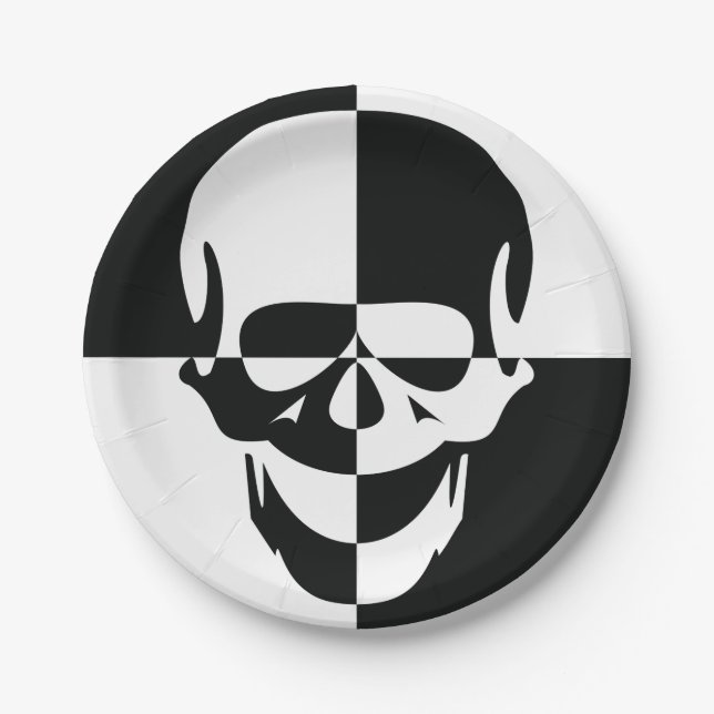 Bold Black and White Optical Illusion Skull Design Paper Plate (Front)