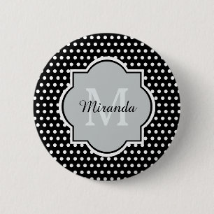 Bold Black and White Polka Dots Monogram and Name 2 Inch Round Button