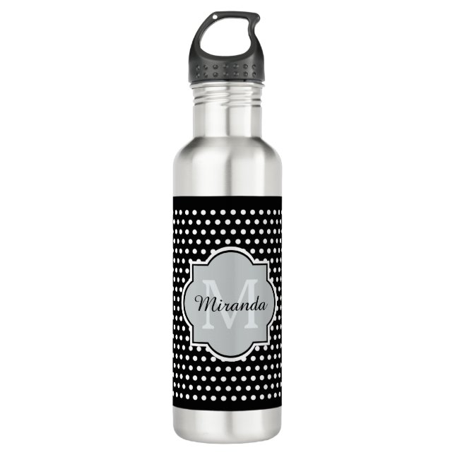 Bold Black and White Polka Dots Monogram and Name 710 Ml Water Bottle (Front)