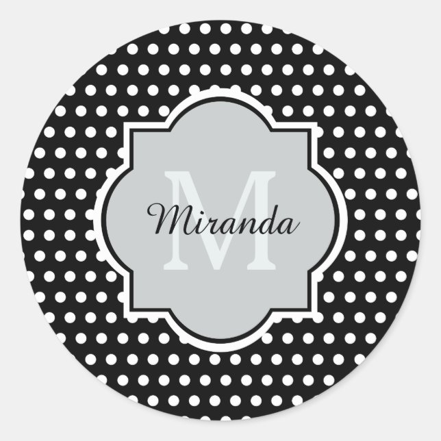 Bold Black and White Polka Dots Monogram and Name Classic Round Sticker (Front)