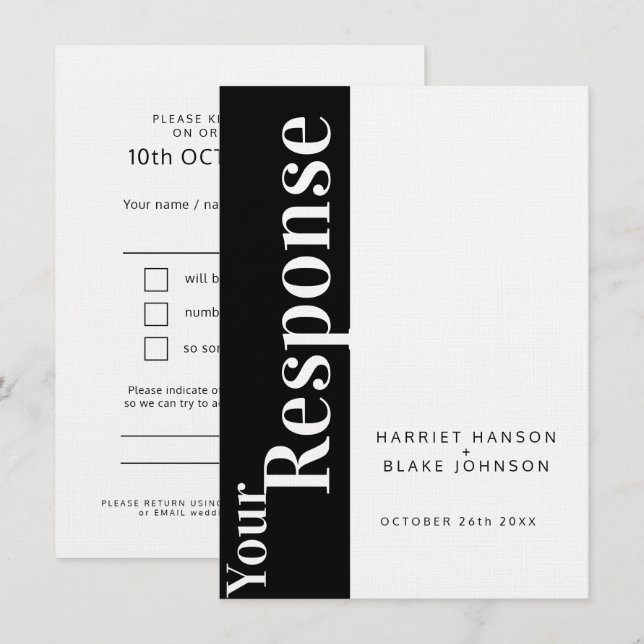 Bold black and white text wedding reply RSVP Invitation (Front/Back)