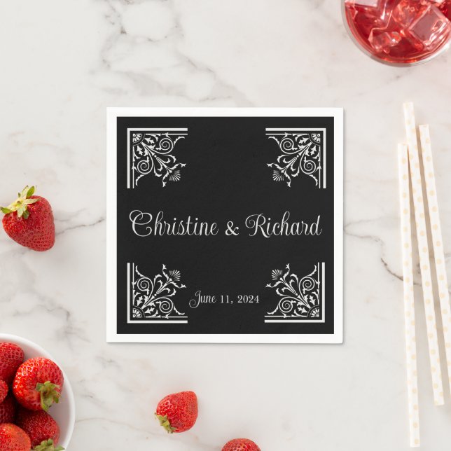 Bold Black and White Vintage Wedding Personalized Napkin (Insitu)