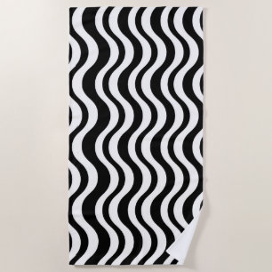 Bold Black and White Wavy Abstract Beach Towel