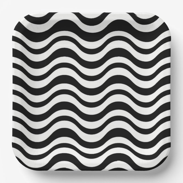 Bold Black and White Wavy Abstract Paper Plate (Front)