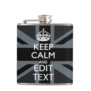 Bold Black Black  Keep Calm Your Text Union Jack Hip Flask