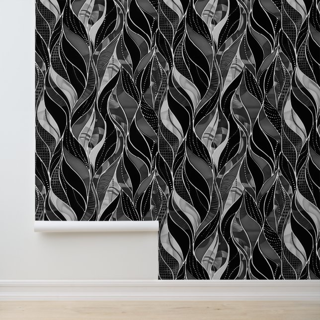Bold Black Botanical Leaf Decor Wallpaper (Application)