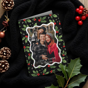 Bold Black Christmas Holly Wavy Frame Photo Holiday Card