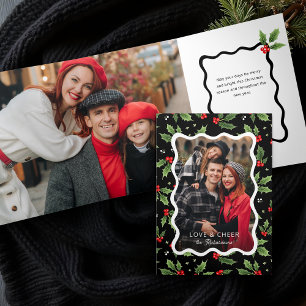 Bold Black Christmas Holly Wavy Frame Photo Tri-Fold Card